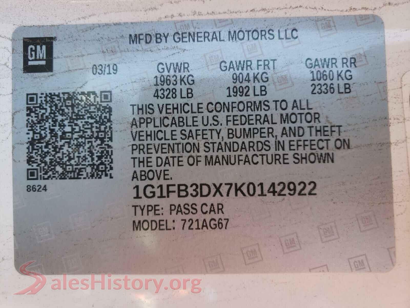 2019 CHEVROLET CAMARO VIN 1G1FB3DX7K0142922, odometer mileage