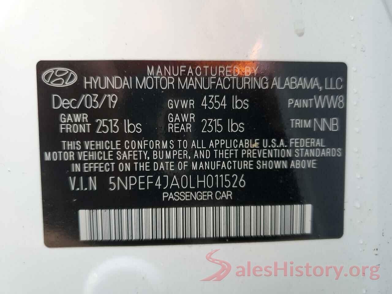 5NPEF4JA0LH011526 2020 HYUNDAI SONATA