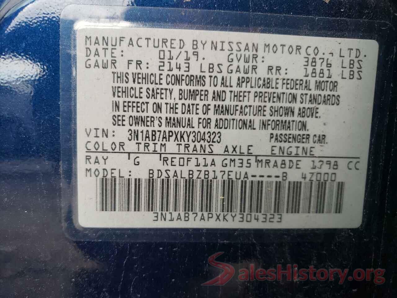 3N1AB7APXKY304323 2019 NISSAN SENTRA