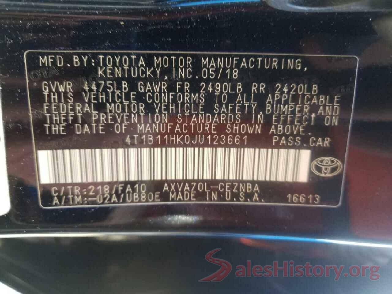 4T1B11HK0JU123661 2018 TOYOTA CAMRY