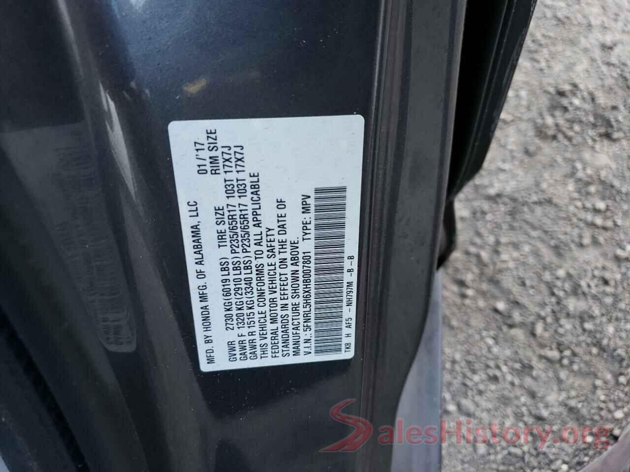 5FNRL5H6XHB007801 2017 HONDA ODYSSEY