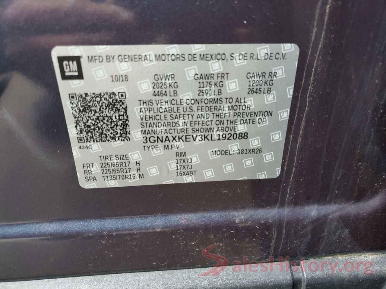 3GNAXKEV3KL192088 2019 CHEVROLET EQUINOX