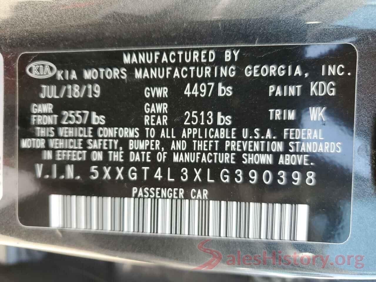 5XXGT4L3XLG390398 2020 KIA OPTIMA