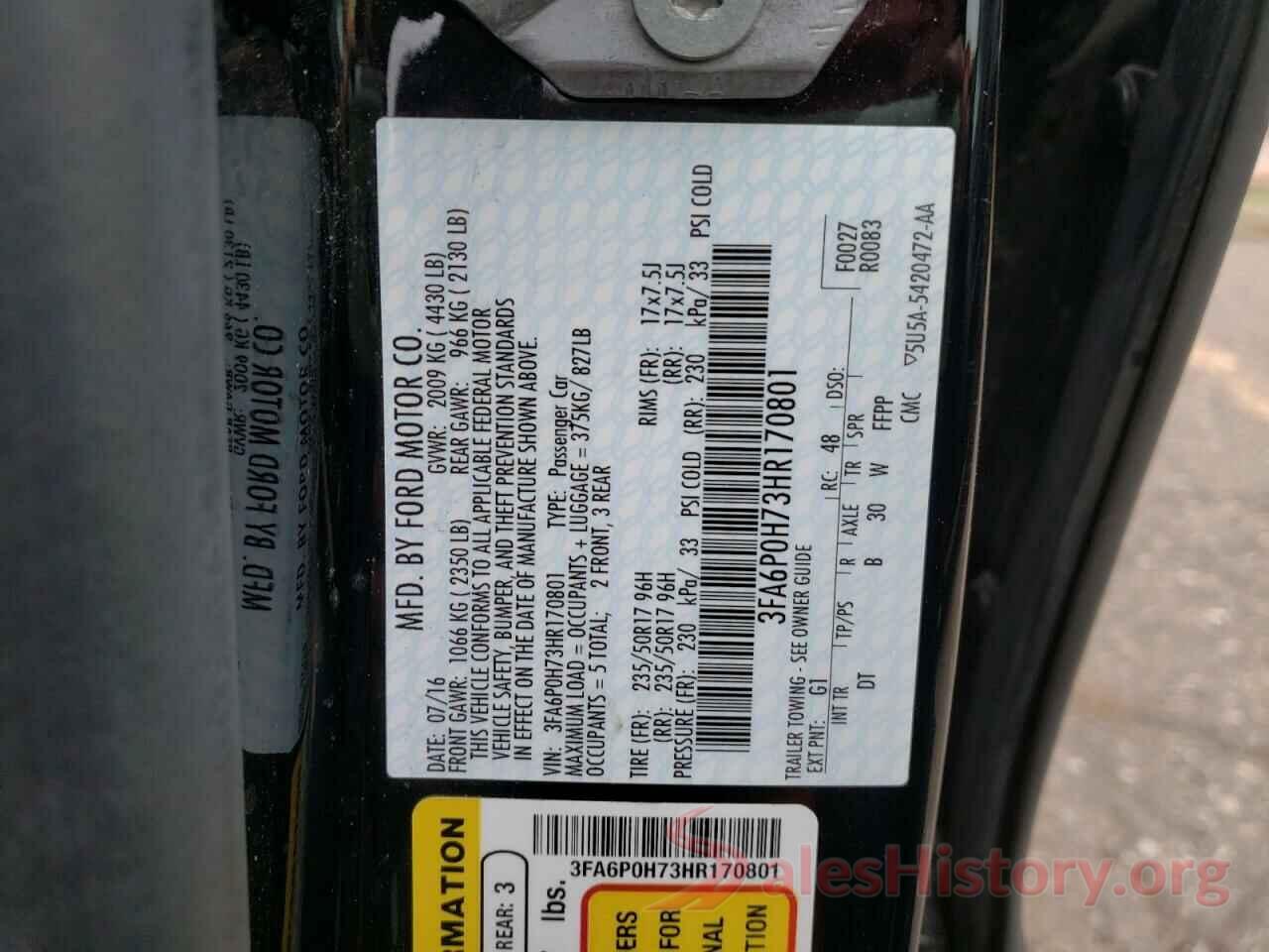 3FA6P0H73HR170801 2017 FORD FUSION