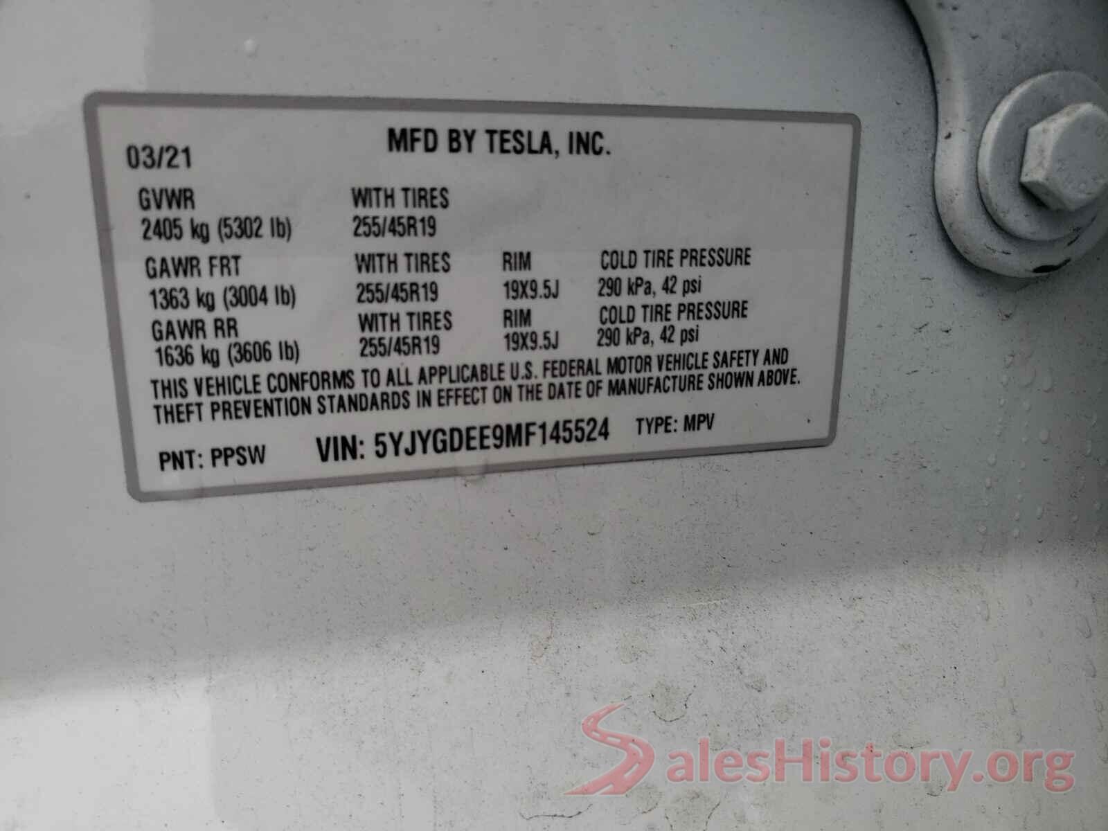 5YJYGDEE9MF145524 2021 TESLA MODEL Y