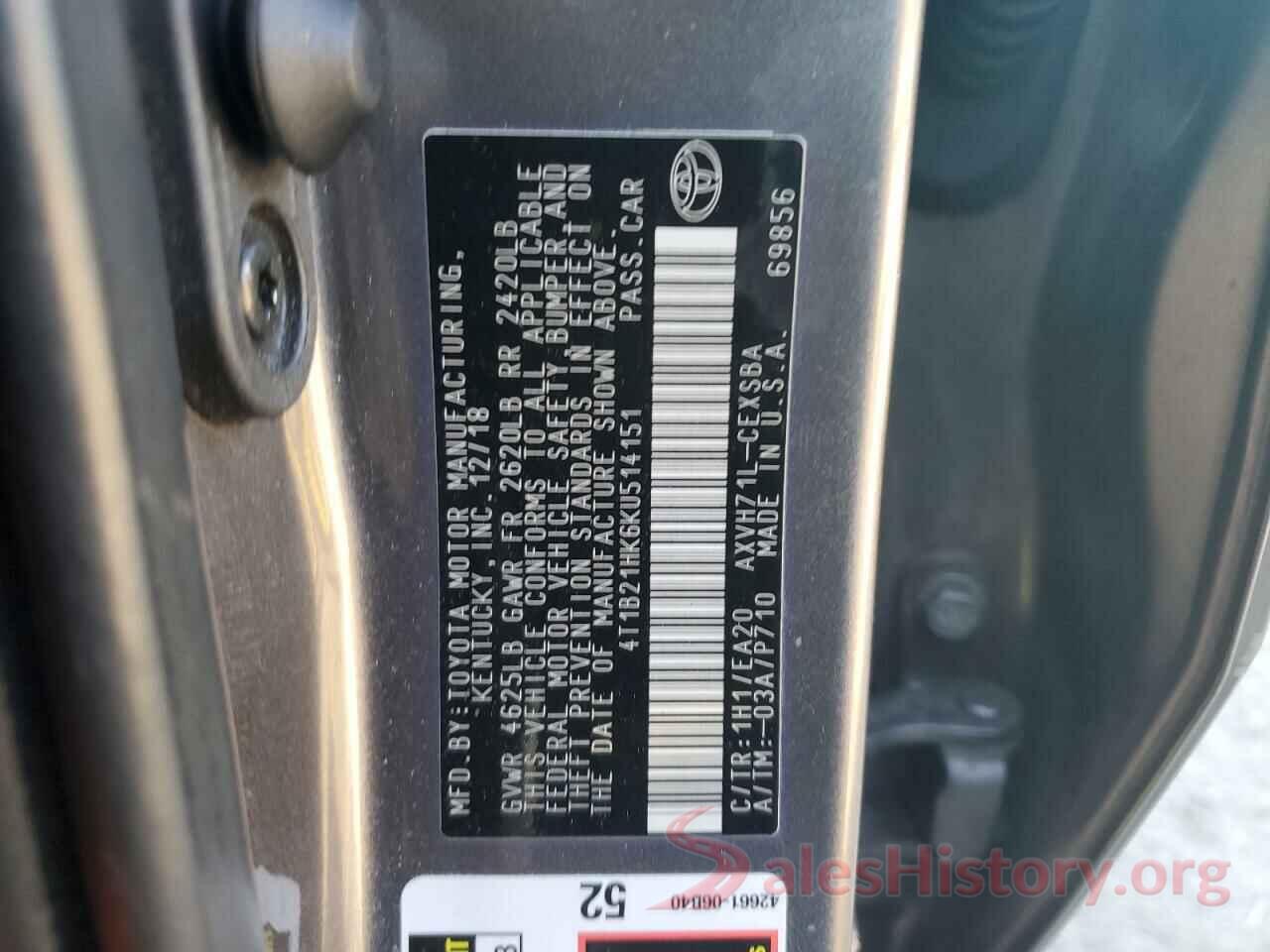 4T1B21HK6KU514151 2019 TOYOTA CAMRY