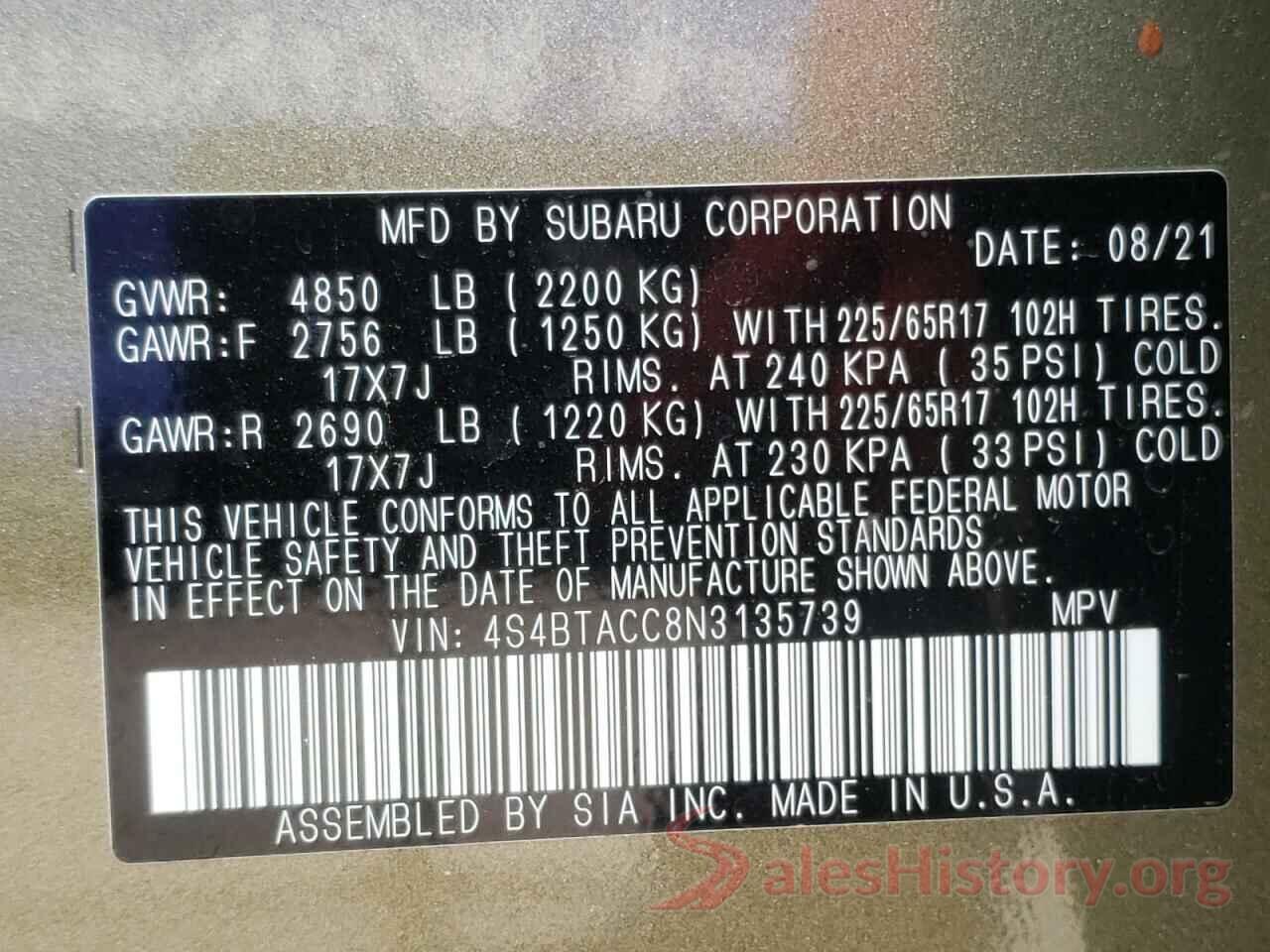 4S4BTACC8N3135739 2022 SUBARU OUTBACK