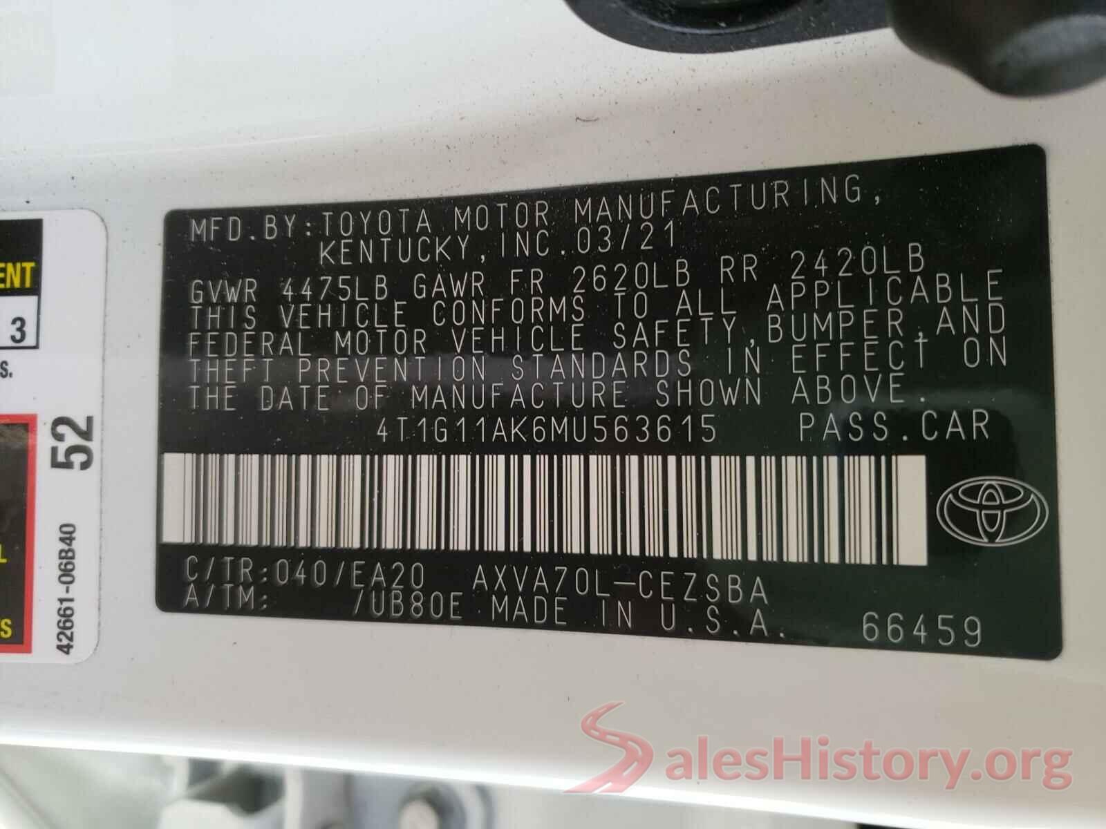 4T1G11AK6MU563615 2021 TOYOTA CAMRY