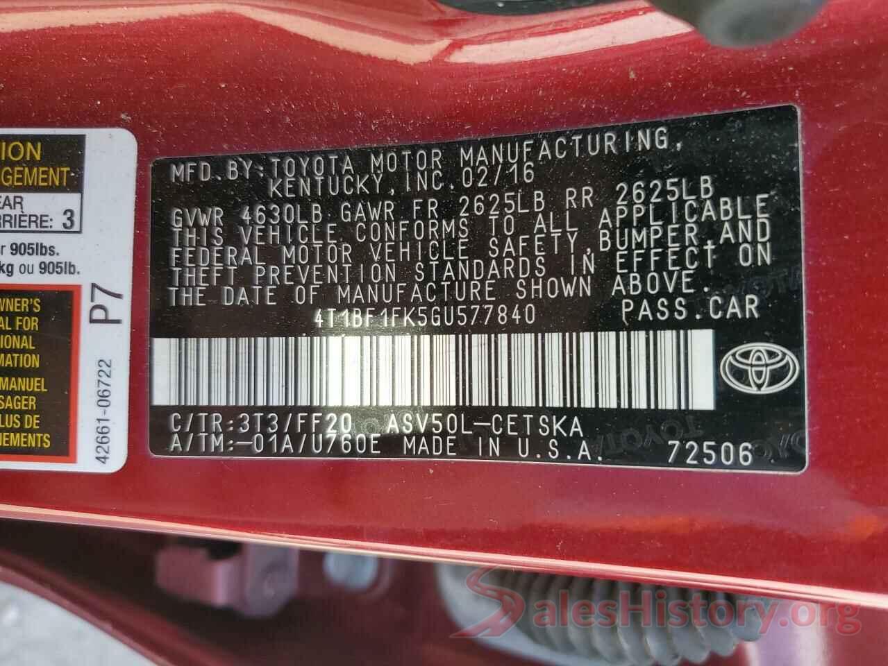 4T1BF1FK5GU577840 2016 TOYOTA CAMRY