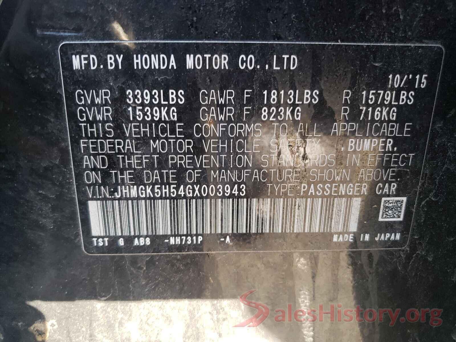 JHMGK5H54GX003943 2016 HONDA FIT