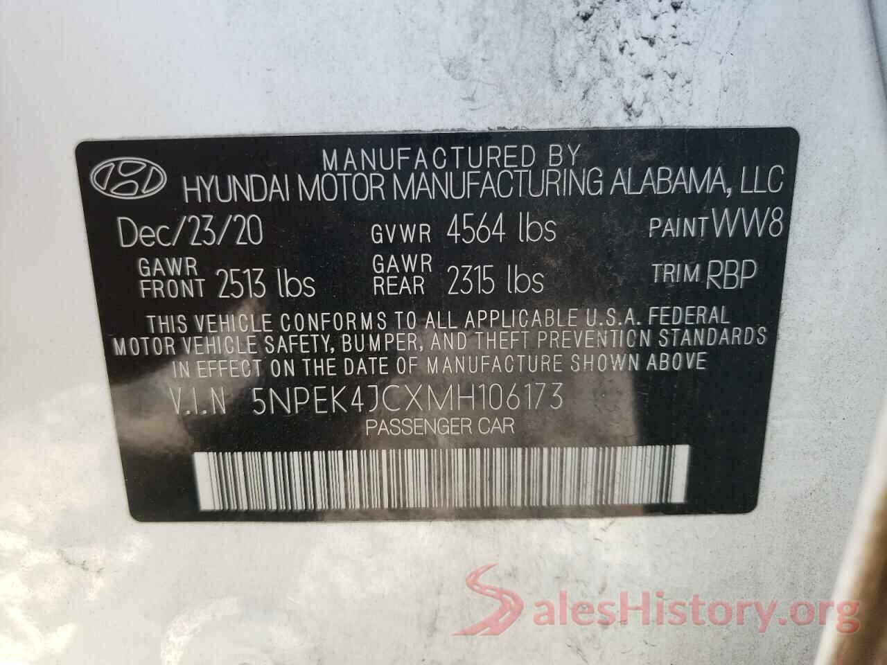 5NPEK4JCXMH106173 2021 HYUNDAI SONATA