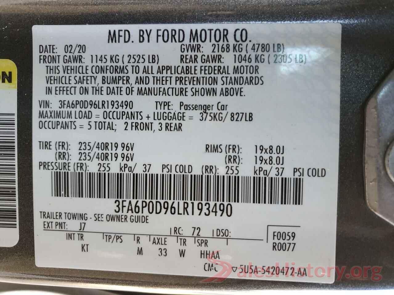 3FA6P0D96LR193490 2020 FORD FUSION