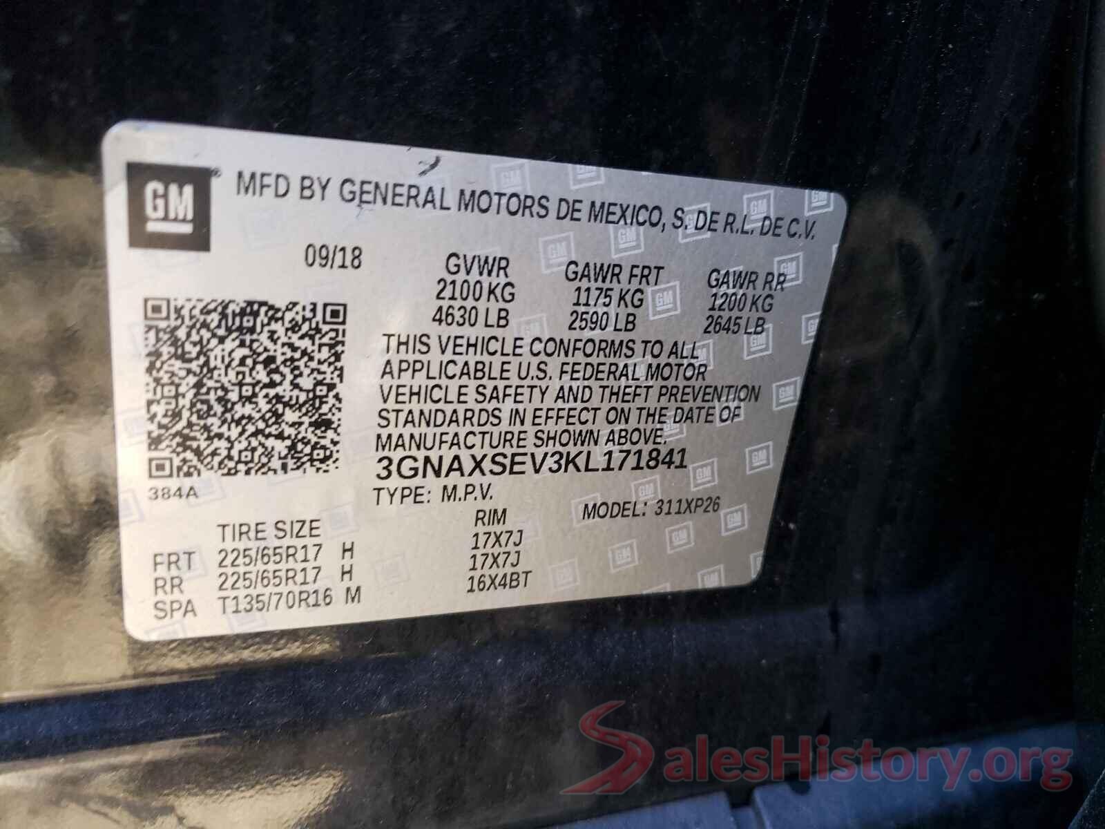 3GNAXSEV3KL171841 2019 CHEVROLET EQUINOX