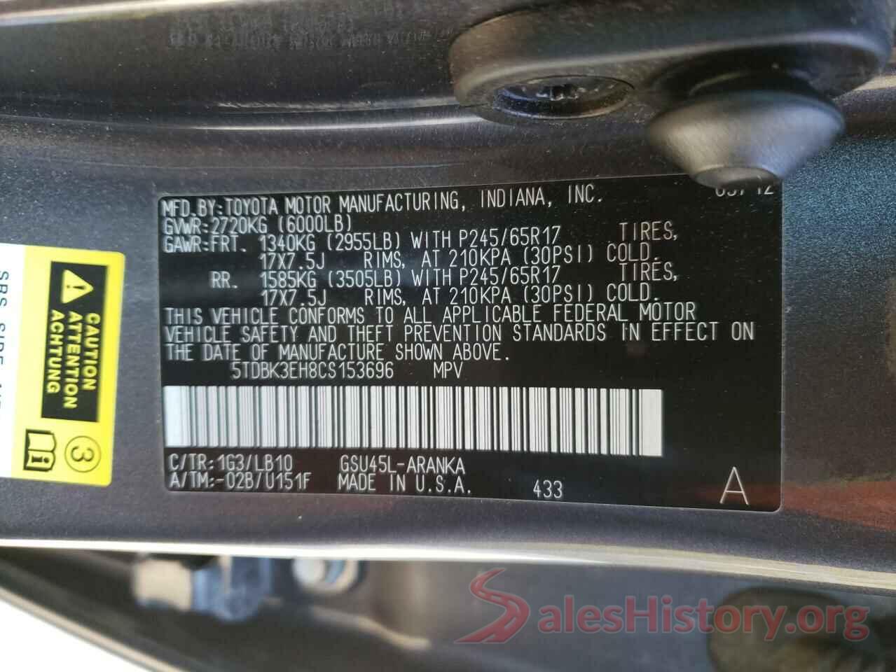 5TDBK3EH8CS153696 2012 TOYOTA HIGHLANDER