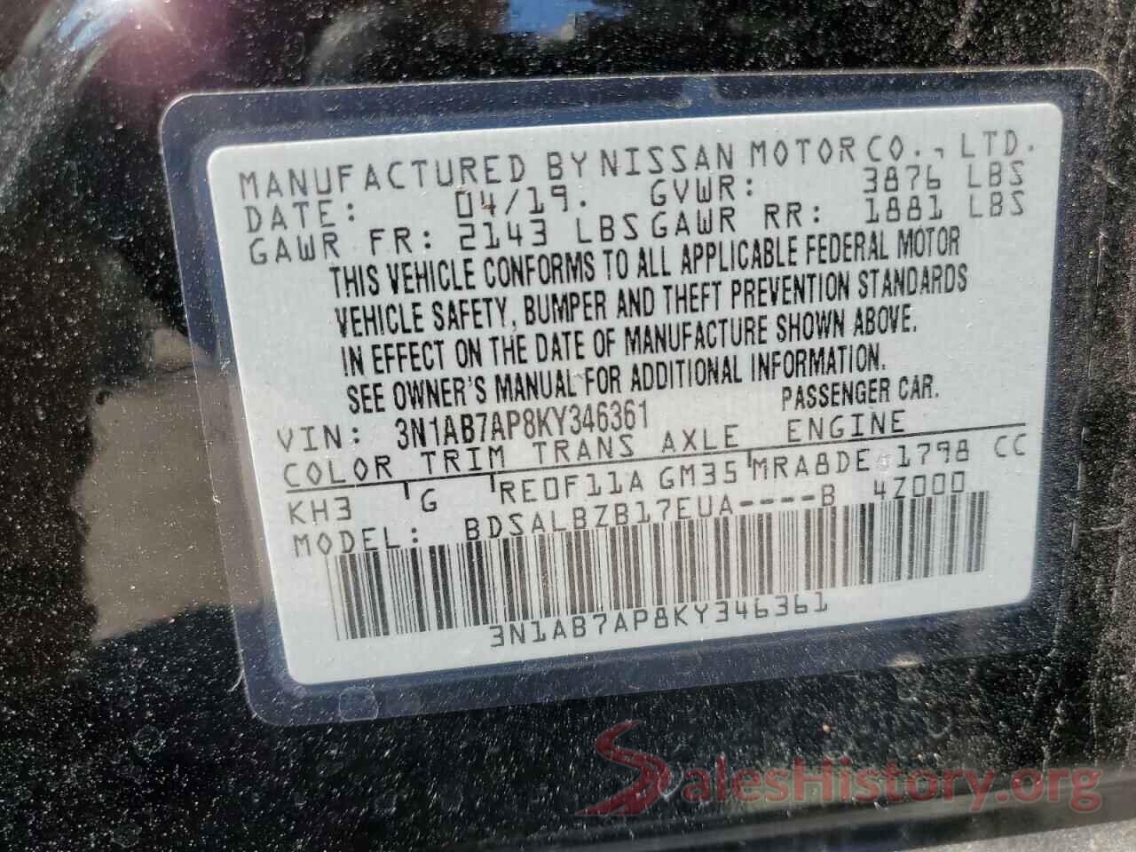 3N1AB7AP8KY346361 2019 NISSAN SENTRA