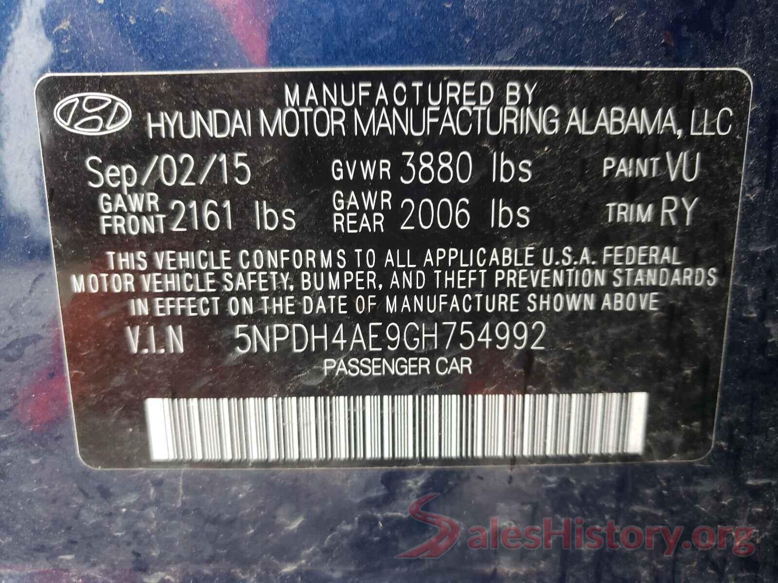 5NPDH4AE9GH754992 2016 HYUNDAI ELANTRA