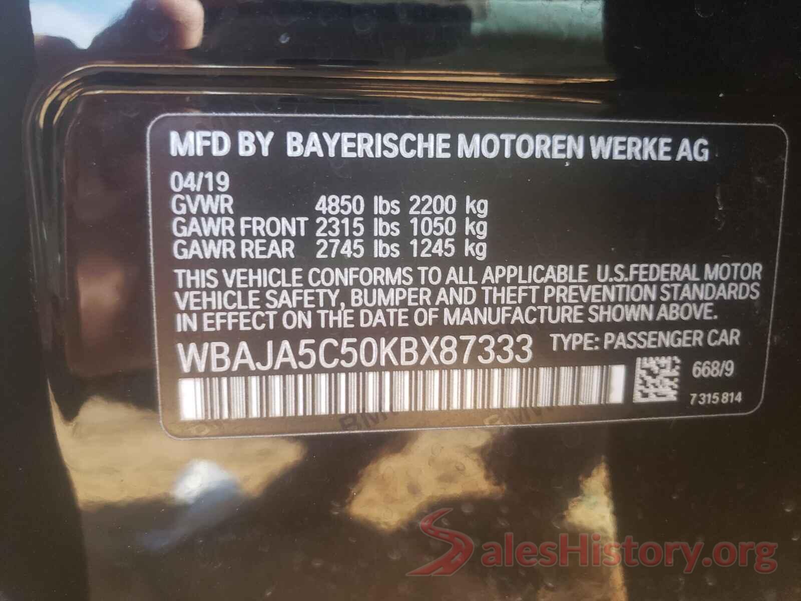 WBAJA5C50KBX87333 2019 BMW 5 SERIES