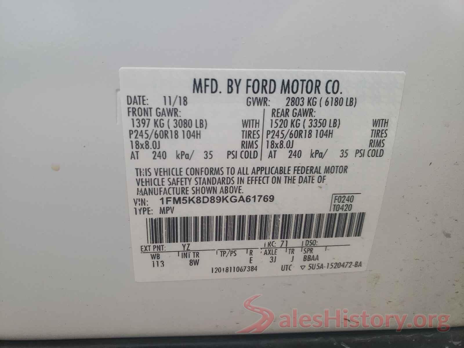 1FM5K8D89KGA61769 2019 FORD EXPLORER