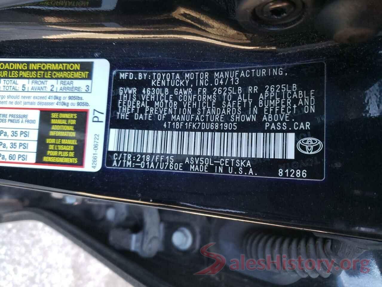 4T1BF1FK7DU681905 2013 TOYOTA CAMRY