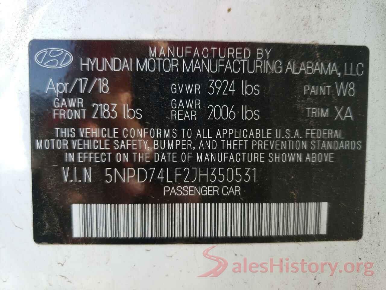 5NPD74LF2JH350531 2018 HYUNDAI ELANTRA