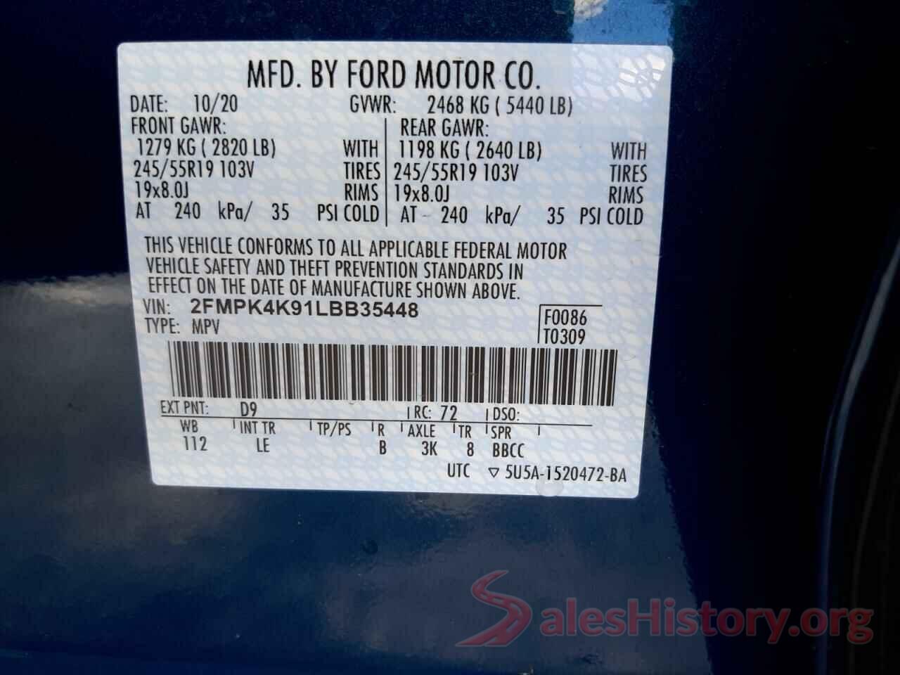 2FMPK4K91LBB35448 2020 FORD EDGE