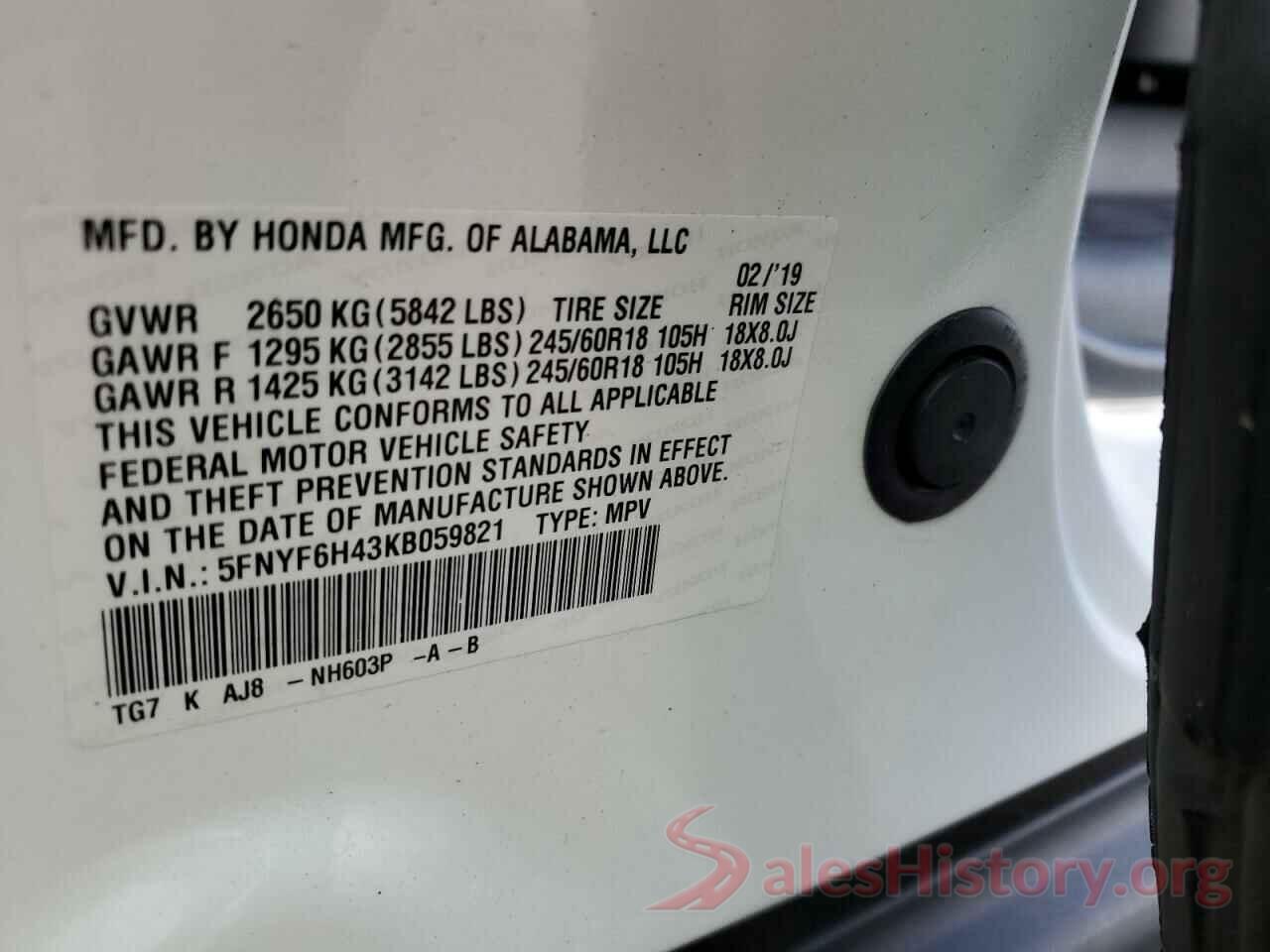 5FNYF6H43KB059821 2019 HONDA PILOT