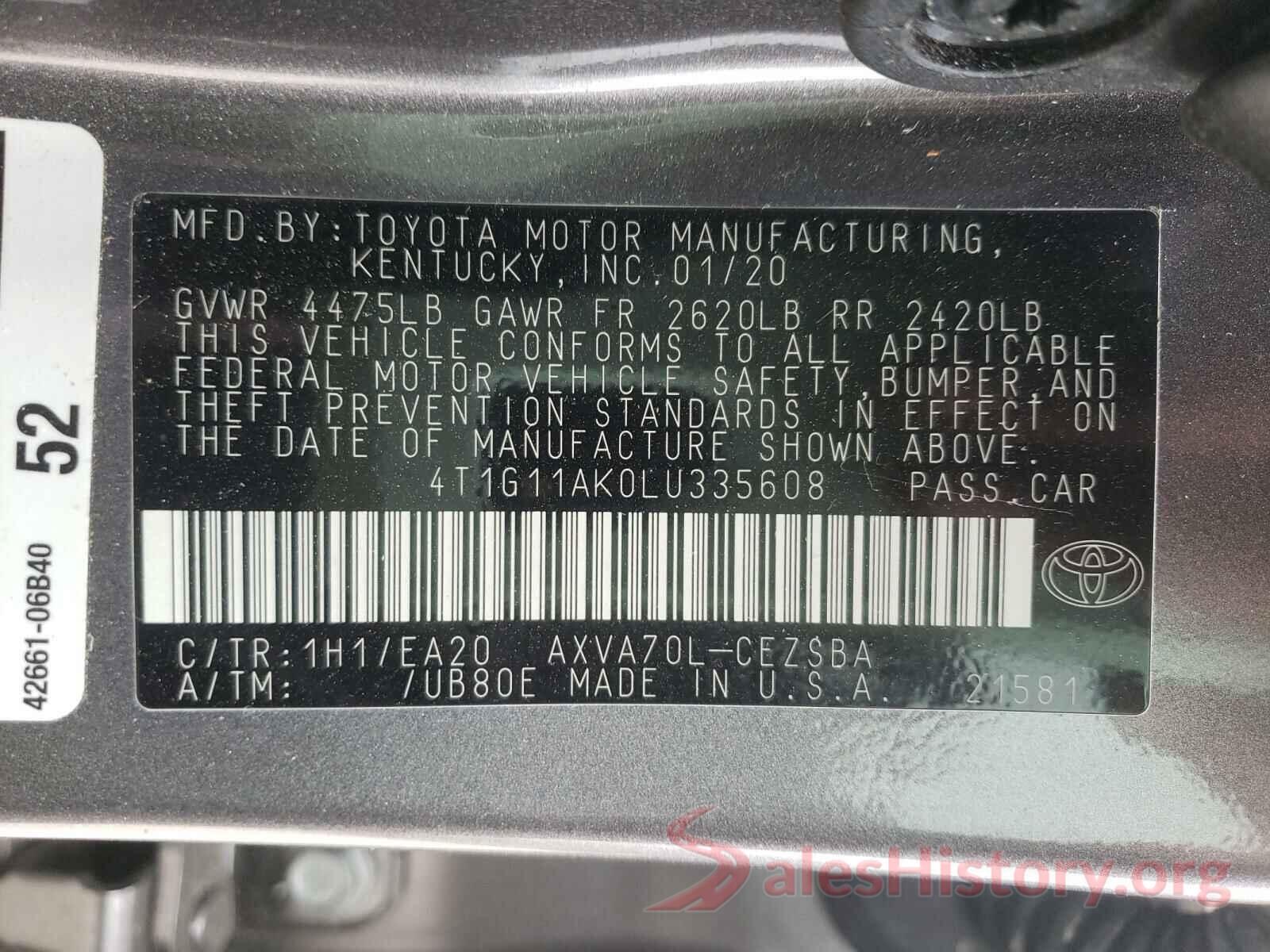 4T1G11AK0LU335608 2020 TOYOTA CAMRY