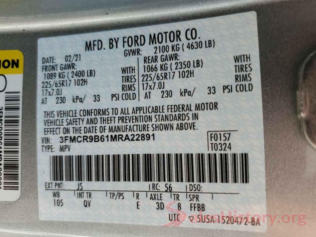 3FMCR9B61MRA22891 2021 FORD BRONCO