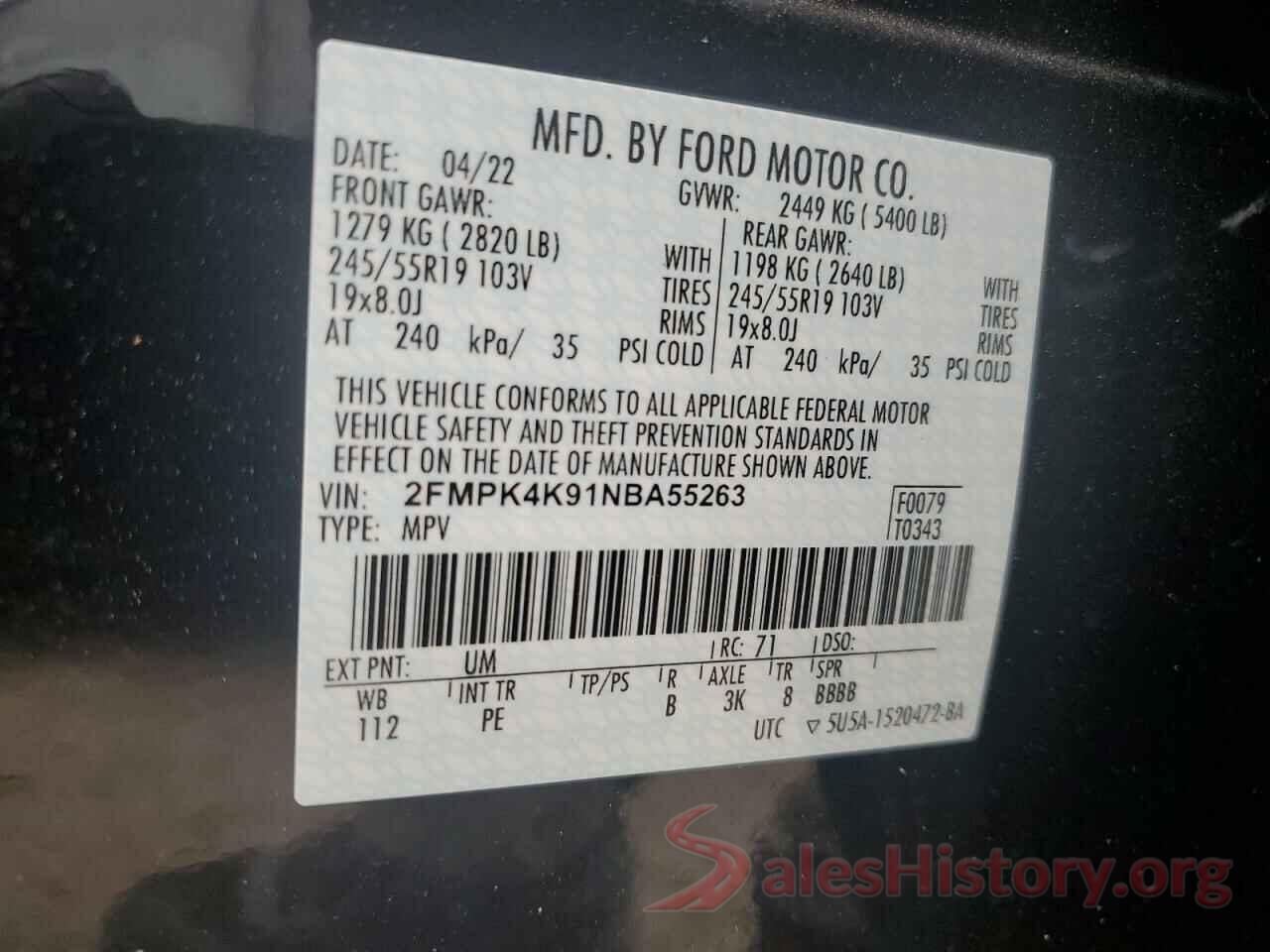 2FMPK4K91NBA55263 2022 FORD EDGE