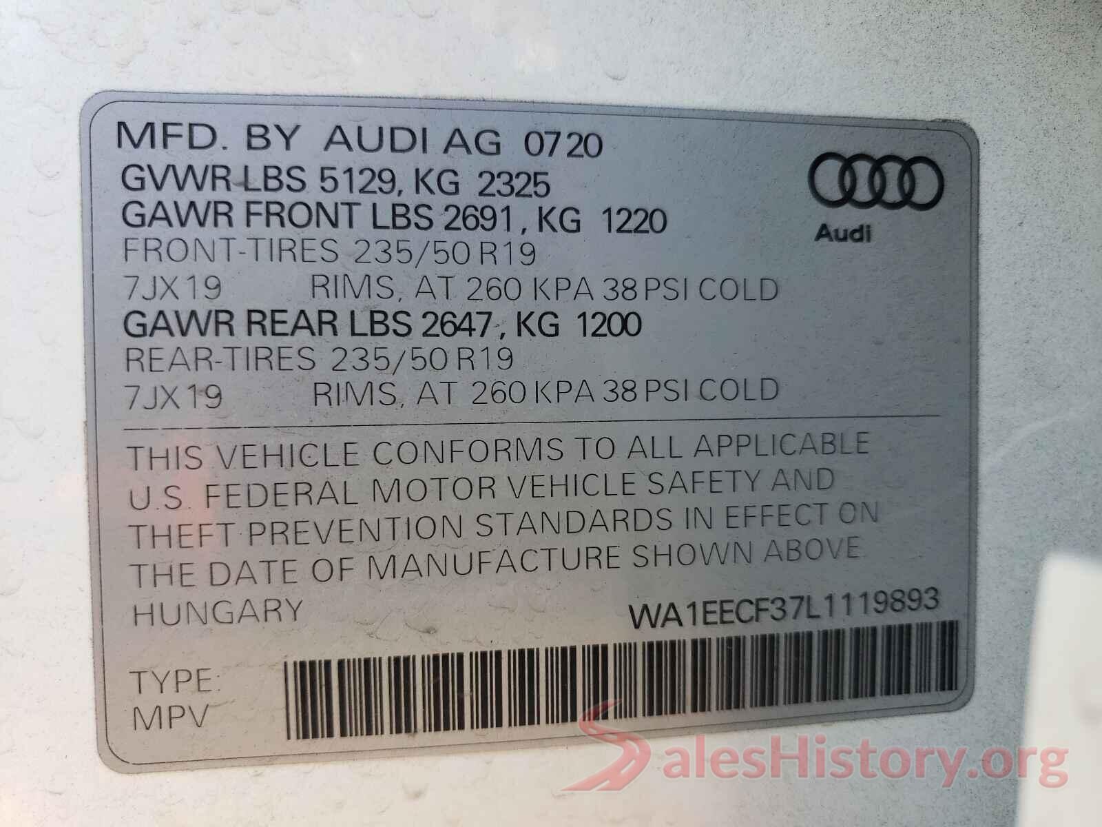 WA1EECF37L1119893 2020 AUDI Q3