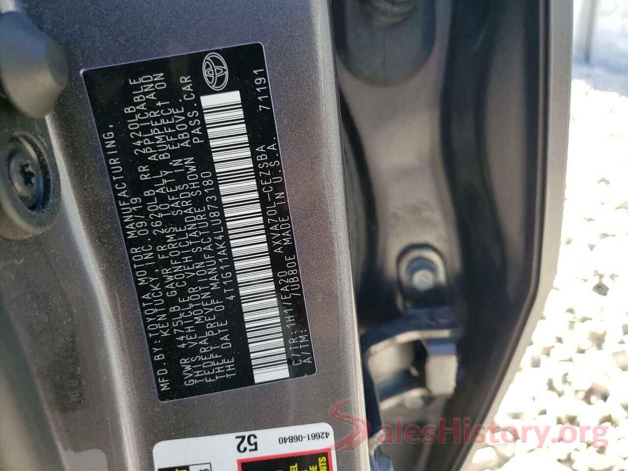 4T1G11AK4LU873180 2020 TOYOTA CAMRY