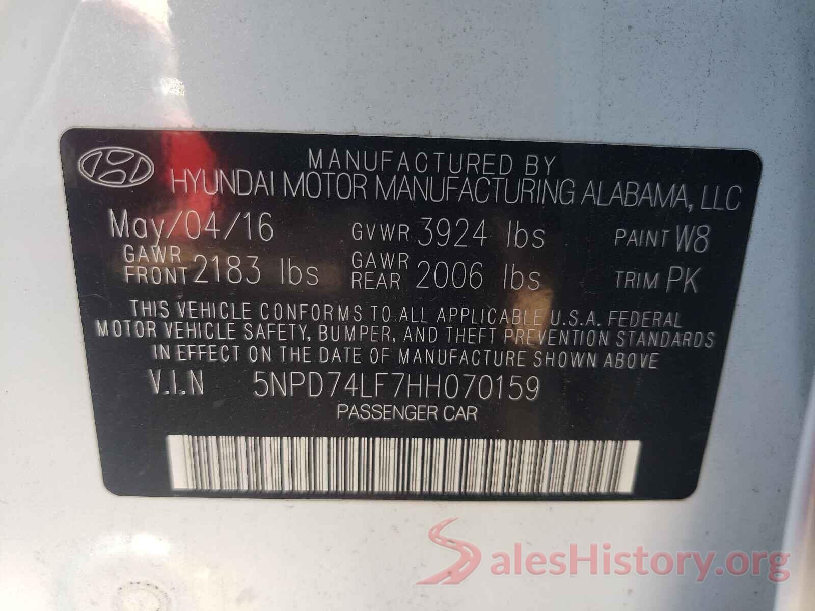 5NPD74LF7HH070159 2017 HYUNDAI ELANTRA