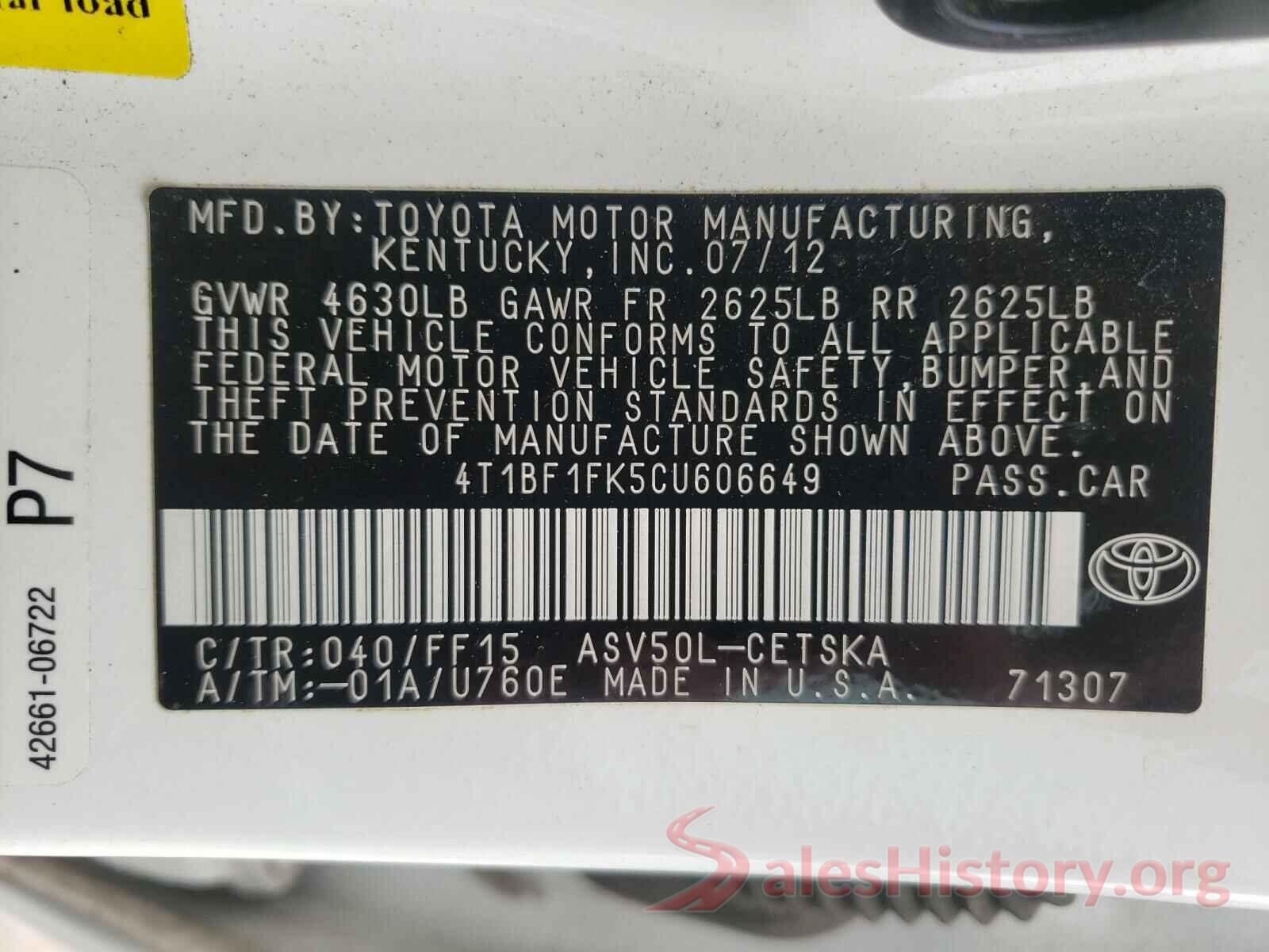 4T1BF1FK5CU606649 2012 TOYOTA CAMRY