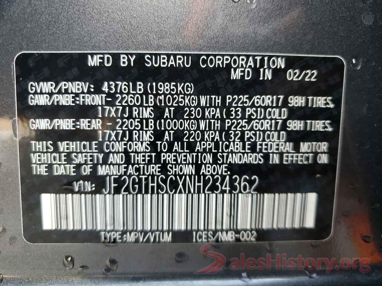 JF2GTHSCXNH234362 2022 SUBARU CROSSTREK