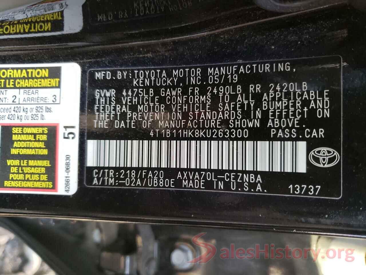 4T1B11HK8KU263300 2019 TOYOTA CAMRY