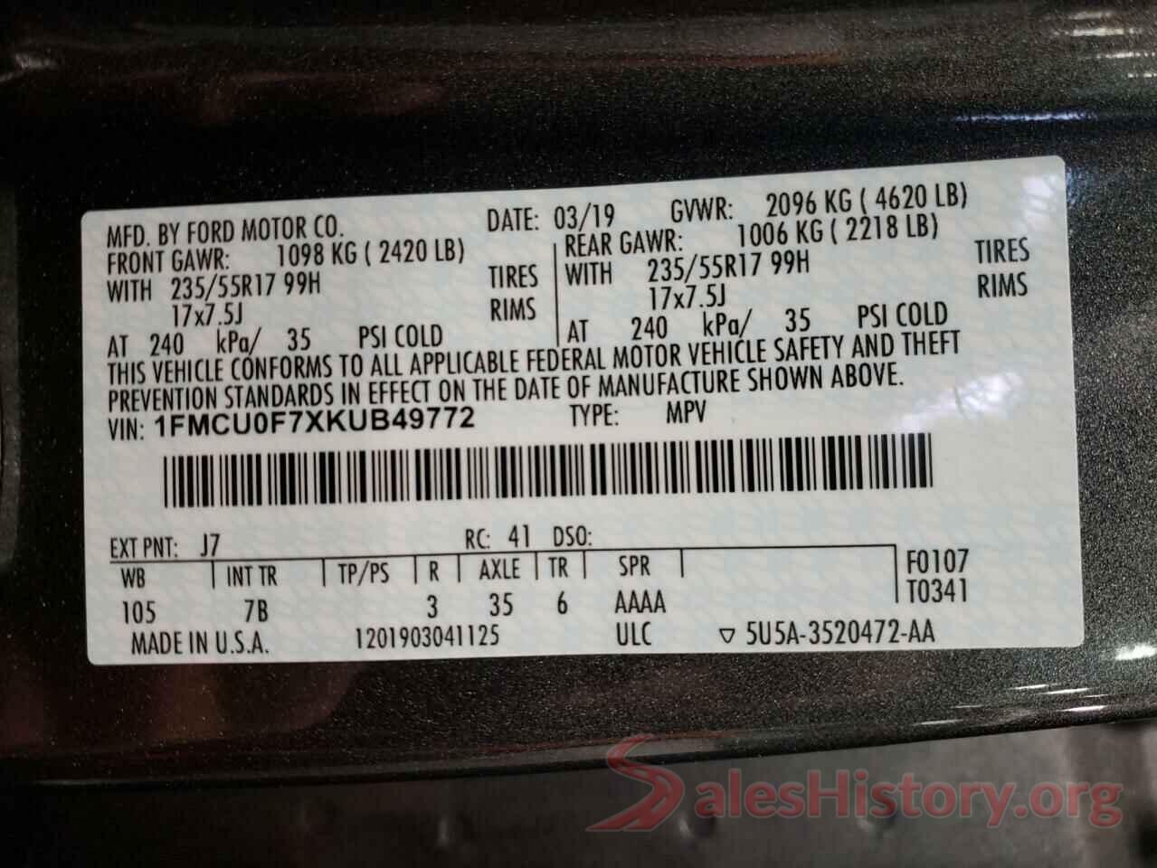 1FMCU0F7XKUB49772 2019 FORD ESCAPE