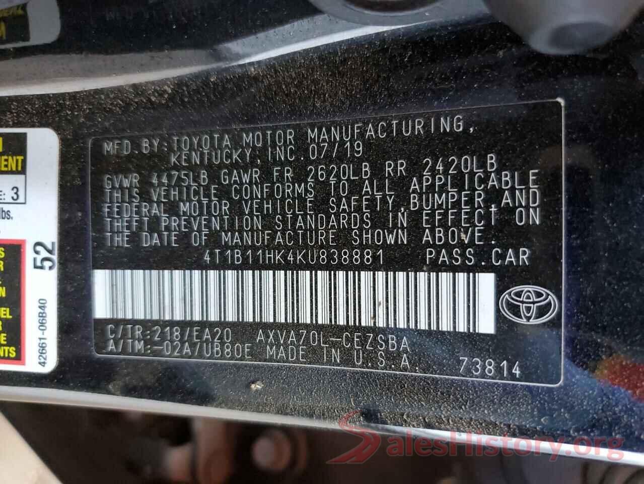 4T1B11HK4KU838881 2019 TOYOTA CAMRY