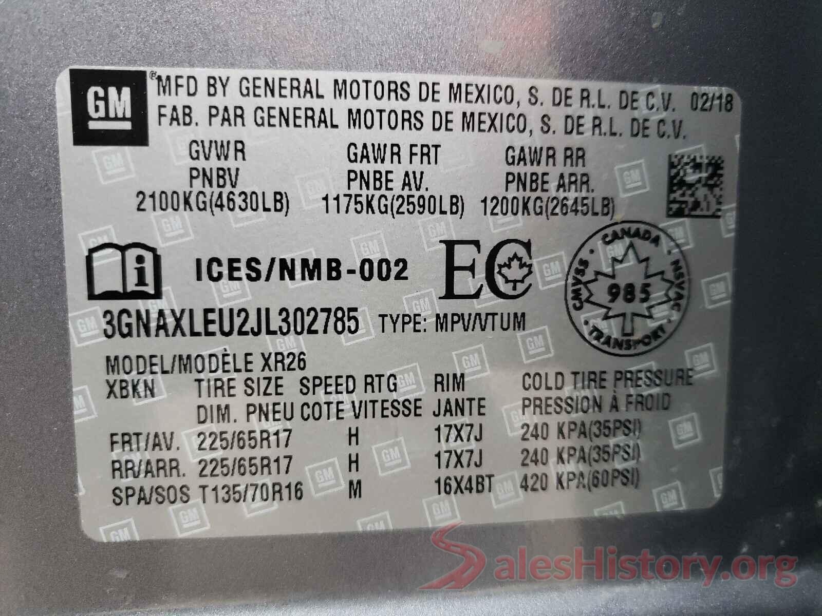 3GNAXLEU2JL302785 2018 CHEVROLET EQUINOX