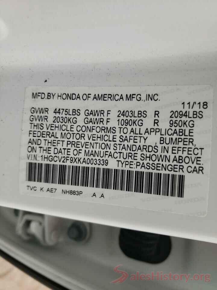 1HGCV2F9XKA003339 2019 HONDA ACCORD