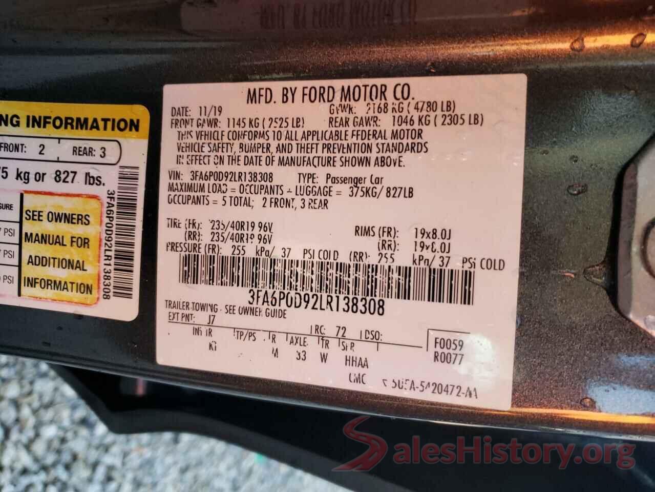 3FA6P0D92LR138308 2020 FORD FUSION