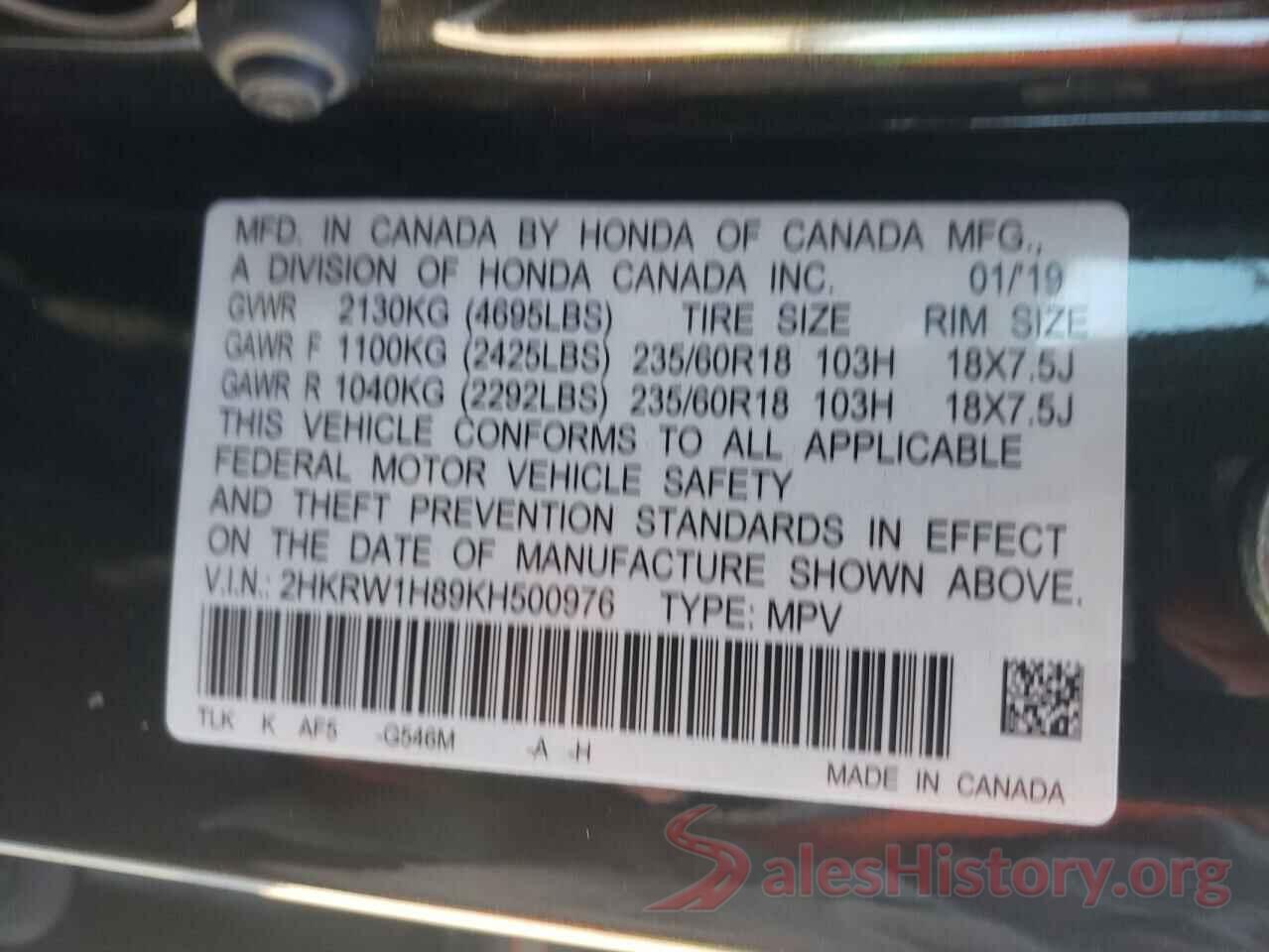 2HKRW1H89KH500976 2019 HONDA CRV