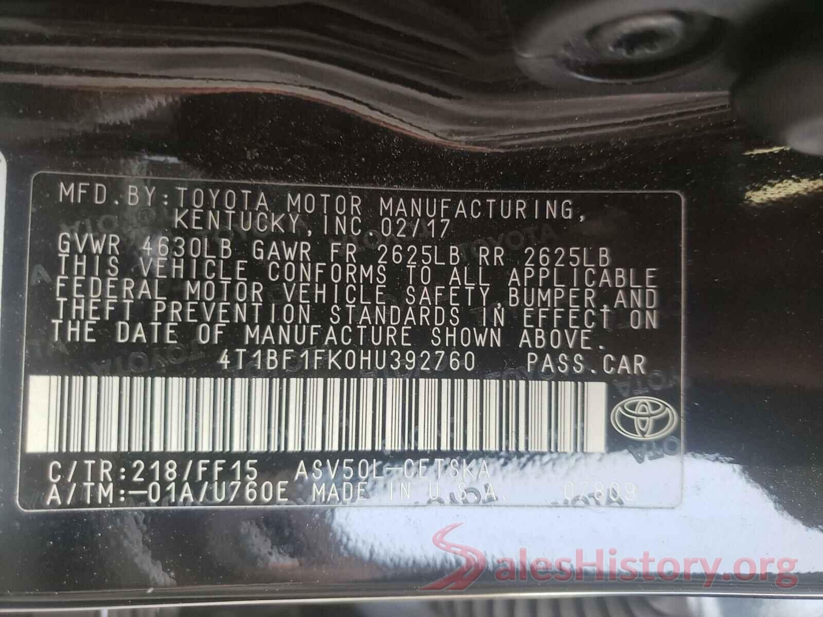 4T1BF1FK0HU392760 2017 TOYOTA CAMRY