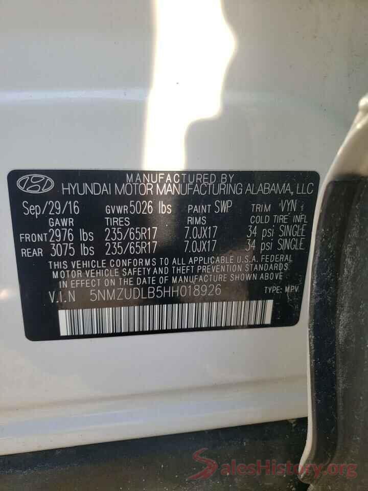 5NMZUDLB5HH018926 2017 HYUNDAI SANTA FE