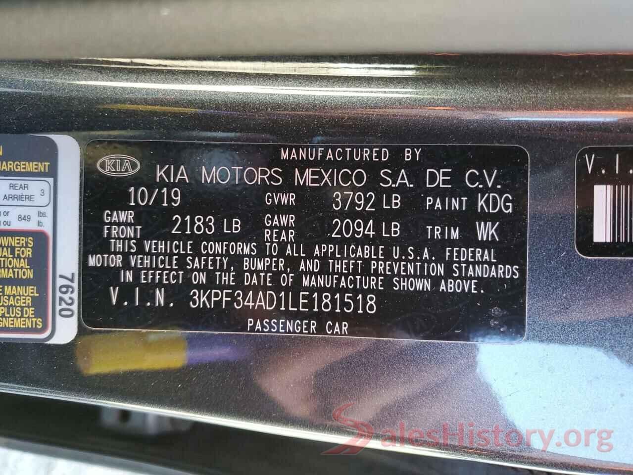 3KPF34AD1LE181518 2020 KIA FORTE