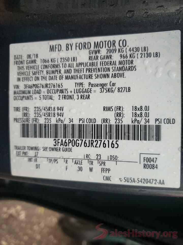 3FA6P0G76JR276165 2018 FORD FUSION