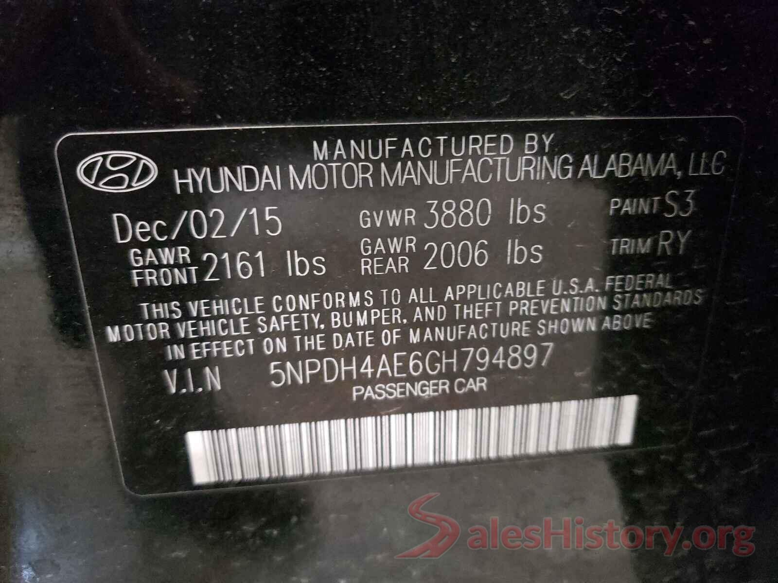 5NPDH4AE6GH794897 2016 HYUNDAI ELANTRA