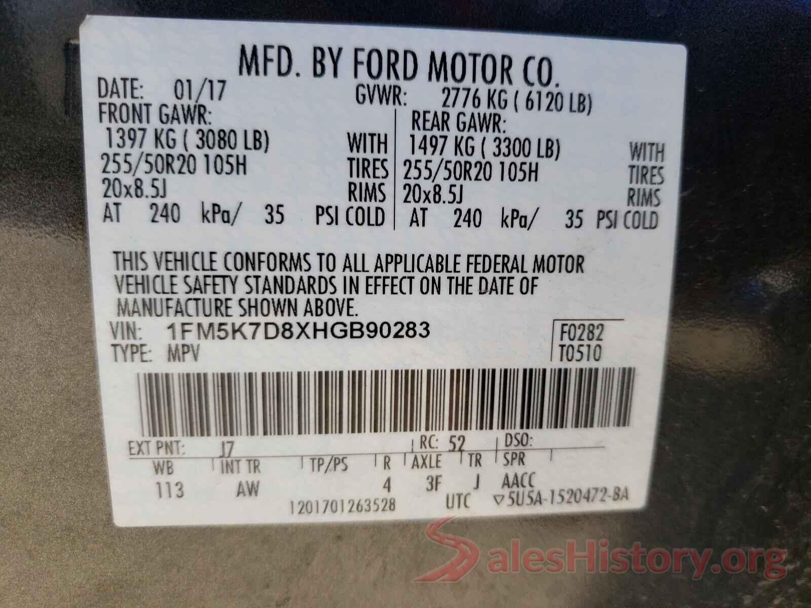 1FM5K7D8XHGB90283 2017 FORD EXPLORER