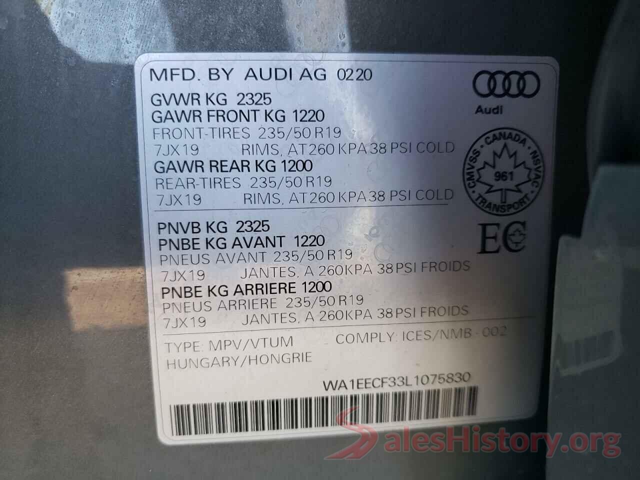 WA1EECF33L1075830 2020 AUDI Q3