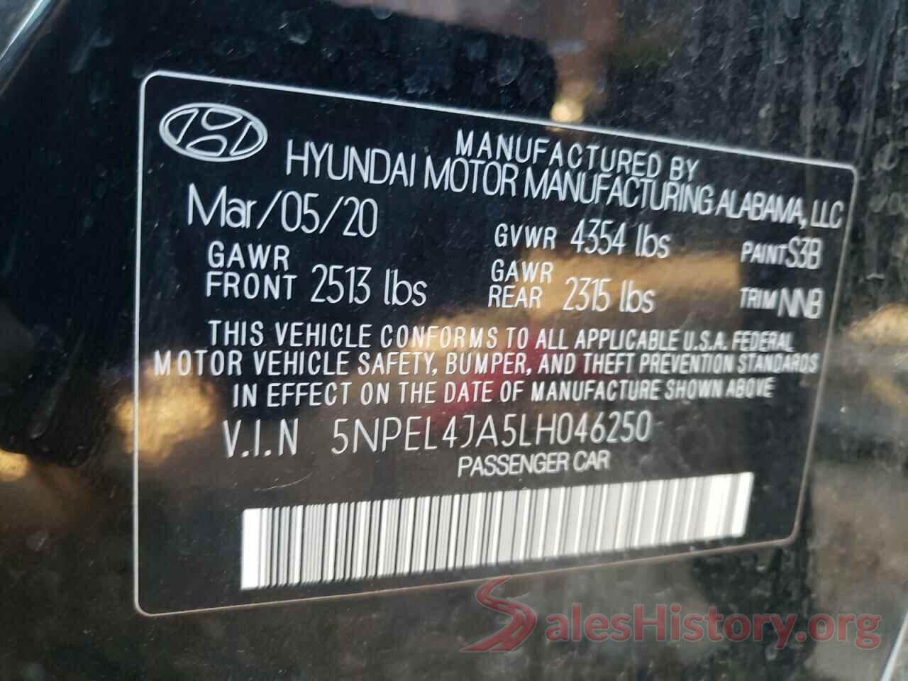 5NPEL4JA5LH046250 2020 HYUNDAI SONATA