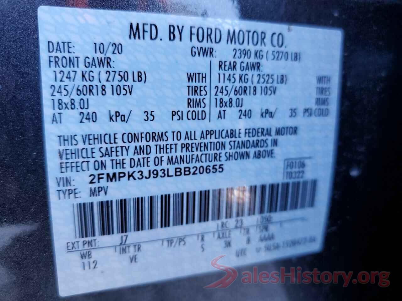 2FMPK3J93LBB20655 2020 FORD EDGE